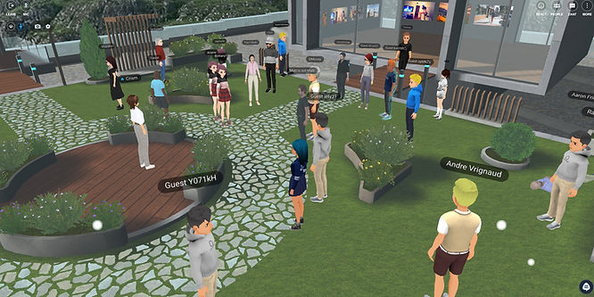 screenshot of multiple realistic and cartoonish avatars gathering in a 3D immersive VIVERSE World