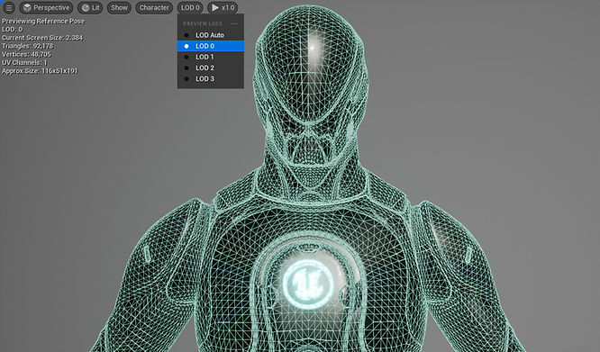 a screenshot of a 3D robot model with LOD meshes created with Unreal Engine