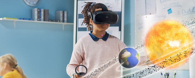 a kid wearing VIVE Focus 3 and holding controllers to see the earth and other planets
