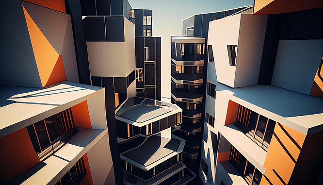 3D architectural visualization showing a group of buildings and balconies