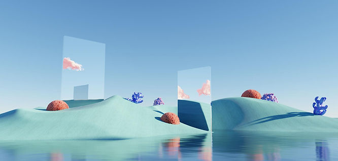a surreal environment with water, green sand, mirrors reflecting clouds