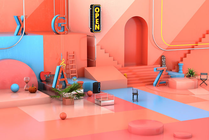 a vibrant 3D space with staircases and alphabets