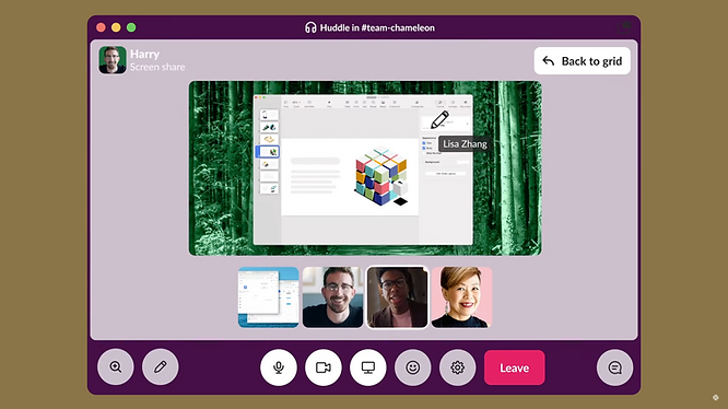  screenshot of people using Slack to screen share during a video conference