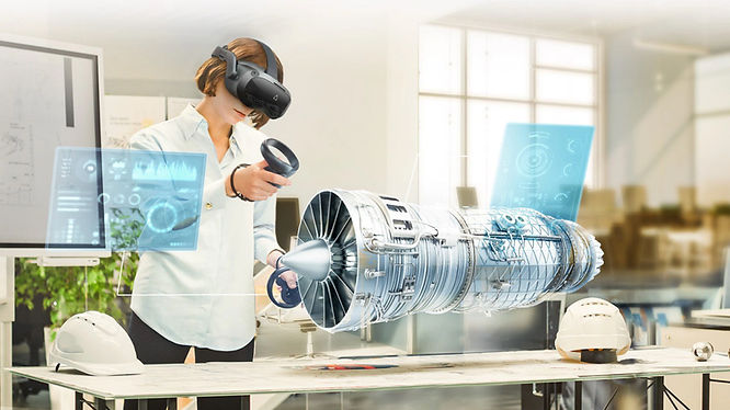 Woman using VIVE Focus 3 headset and controllers to work on digital twin content in mixed reality at an office.
