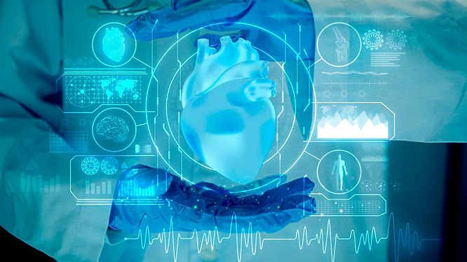 A digital heart along with deeper information about its heartbeat, bones, the brain, and the body as a whole.