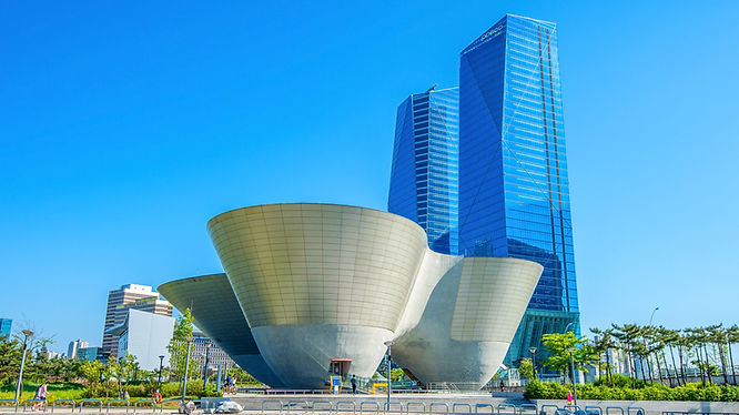Business district of Songdo, South Korea, on a sunny day.