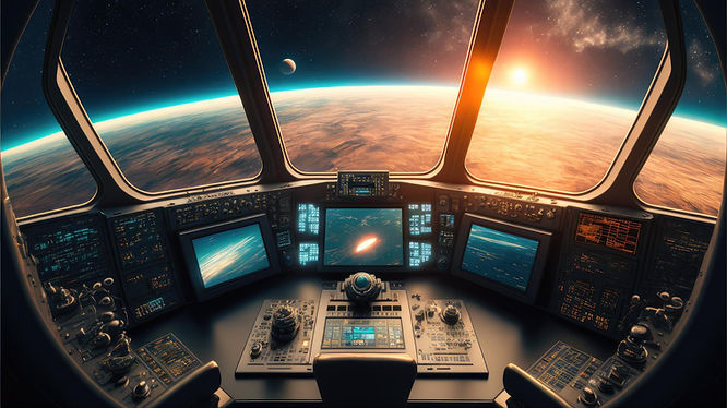 The cockpit of a space shuttle that is overlooking the Earth, Moon, and Sun.