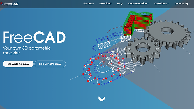 screenshot of the FreeCAD official website with 3D gear models