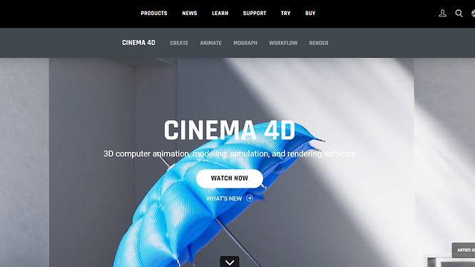 screenshot of the Cinema4D official website with a blue umbrella 3D model