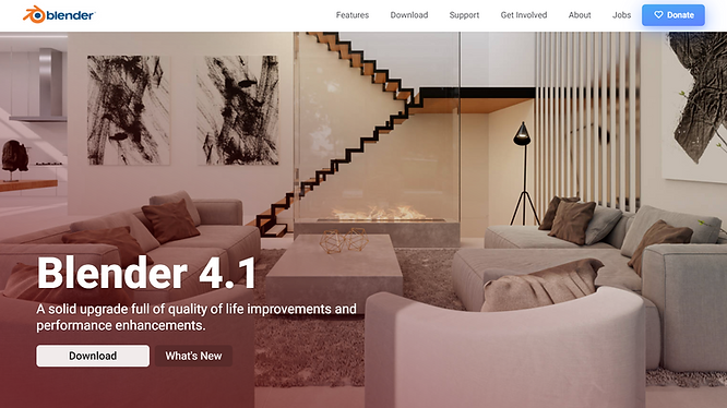screenshot of the Blender official website with interior 3D models