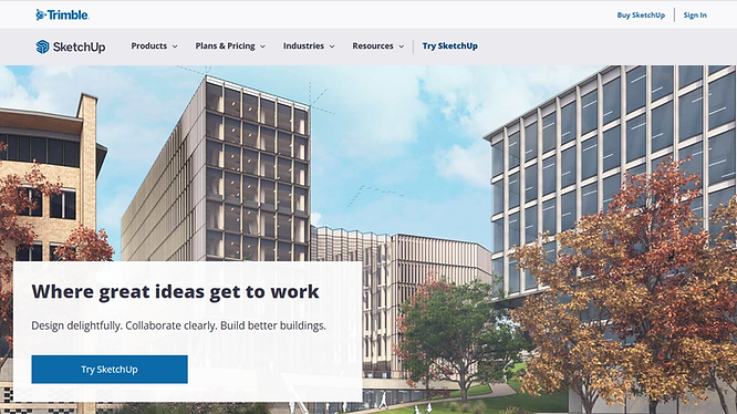 screenshot of the SketchUp official website with 3D models of trees and buildings