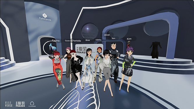 Avatars in different costumes exploring a 3D virtual world within VIVERSE by HTC. 