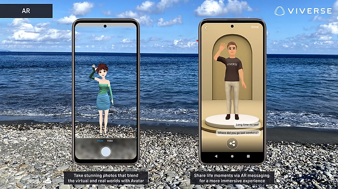 VIVERSE avatar within a real-world environment shown on a smartphone screen. 