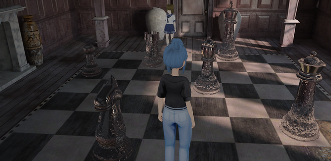 Avatars playing with chess pieces on a virtual chessboard in a VIVERSE World. 