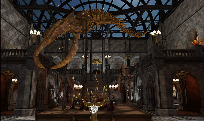 A colorful, 3D virtual World featuring dinosaur fossils within HTC’s VIVERSE. 