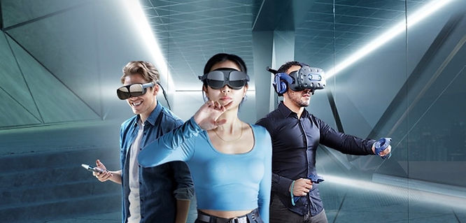 Two men and a woman wearing VIVE VR headsets.
