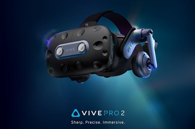 A VIVE Pro 2 VR headset next to the VIVE Flow immersive VR glasses.