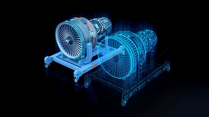 A jet engine sitting on a wheeled stand, right next to its digital twin prototype hologram.