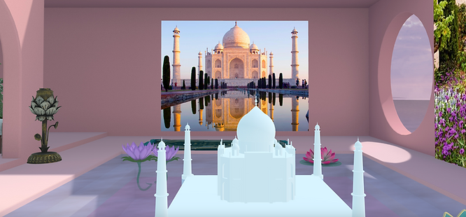 Taj Mahal in a surreal environment, surrounded by lotus flowers.