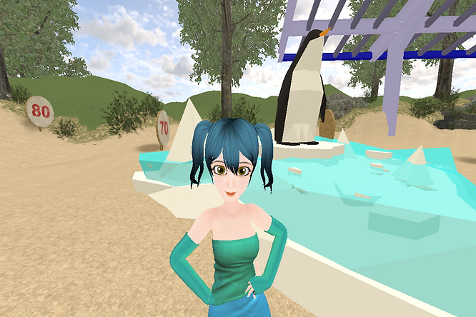 A girl with pigtails standing amid the Safari, in front of a penguin