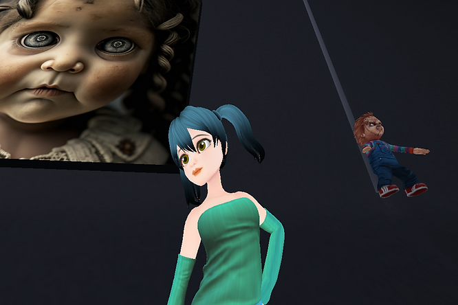 A girl with pigtails posing between a Chucky doll and a creepy girl picture.
