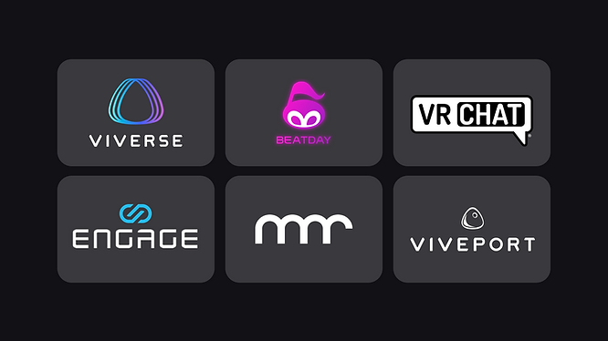 Logos for the metaverse platforms VIVERSE, VIVE Sync, Beatday, VRChat, Engage, Museum of Other Realities (MOR), and VIVEPORT.