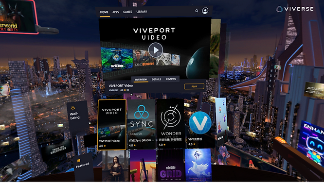 Library of metaverse experiences and VR titles available on the VIVEPORT app store.