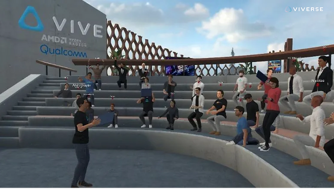 Virtual avatars listening to speaker at a world within the metaverse platform Engage.