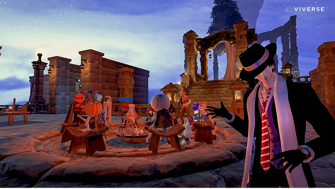 Avatar gathering at a metaverse virtual world within the VRChat platform.