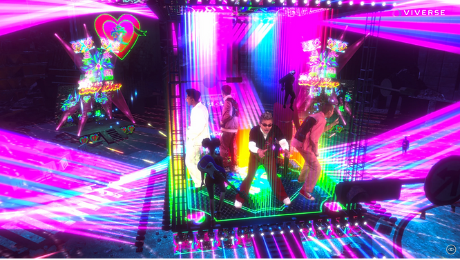 Band members’ metaverse avatars performing at a virtual concert on the Beatday holographic music platform.