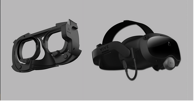 Two kinds of VR headset accessories: VIVE Facial Tracker and VIVE Eye Tracker.