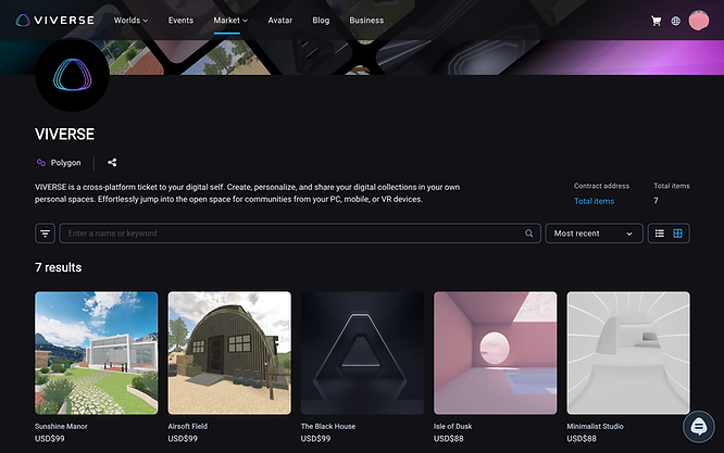 VIVERSE interface showing VIVE Worlds available for purchase as NFTs on the Market.