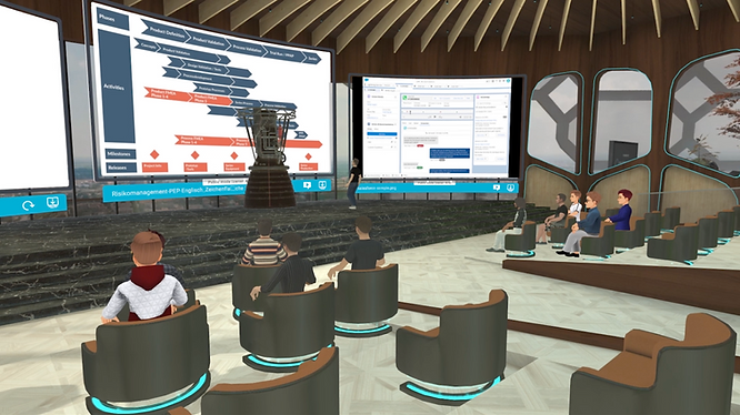 Virtual avatars watching a presentation within a metaverse meeting room.