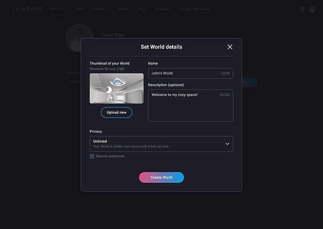 a screenshot of user editing the details of a starter World