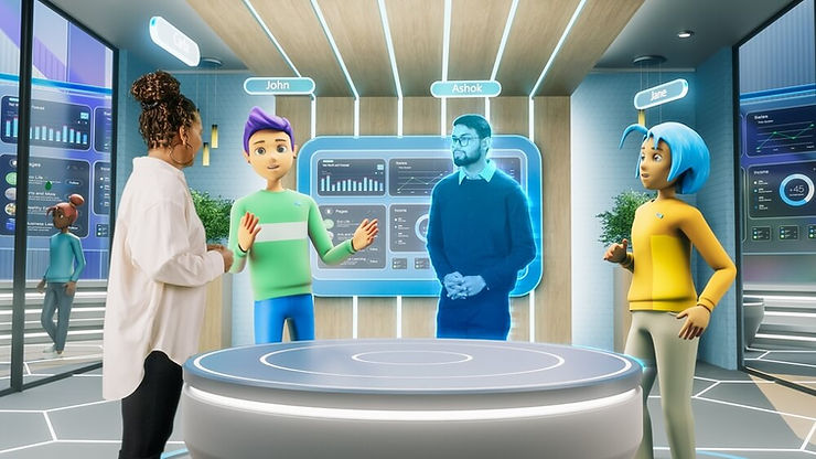 Real Female Manager Standing Next to Avatars of Colleagues 
