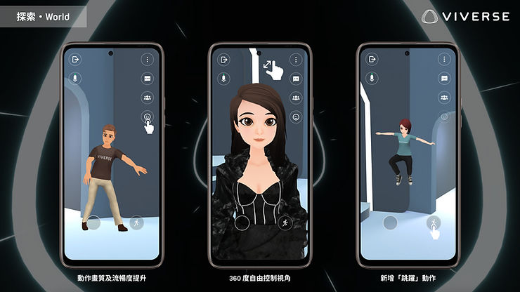VIVERSE World在App版功能包含360度自由控制視角、跳躍動作、和提升的環境畫質和流暢度,適配HTC U23