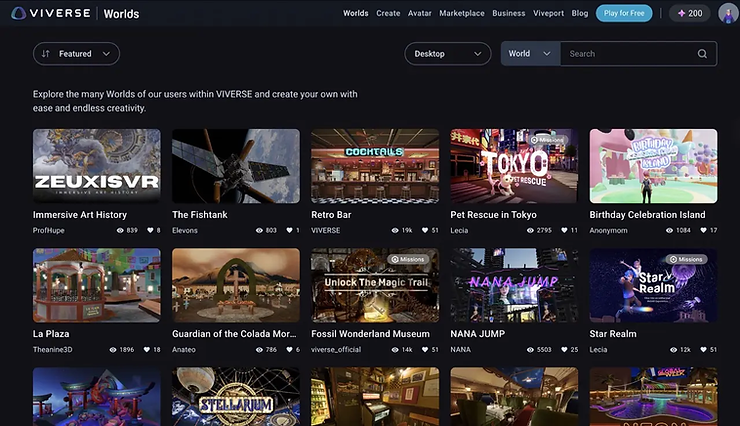 VIVERSE Worlds interface displaying virtual experiences like Retro Bar and Pet Rescue in Tokyo, with vibrant thumbnails and user stats.