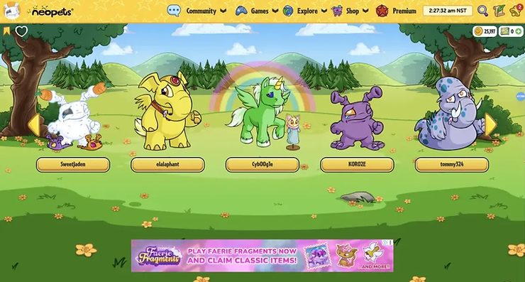 Four colorful fantasy creatures with names stand outdoors beneath a rainbow. Vibrant landscape with trees and flowers. Neopets logo above.