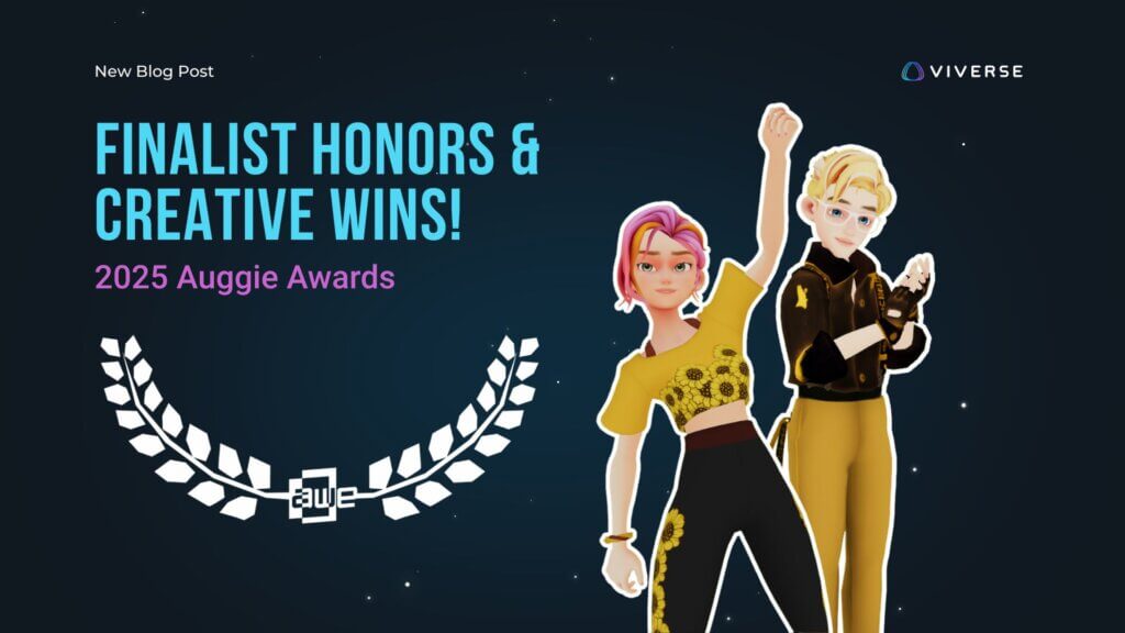 VIVERSE blog header for new post celebrating Auggie Awards 2025, with text ‘Finalist Honors & Creative Wins,’ VIVERSE logo, and stylized avatars.