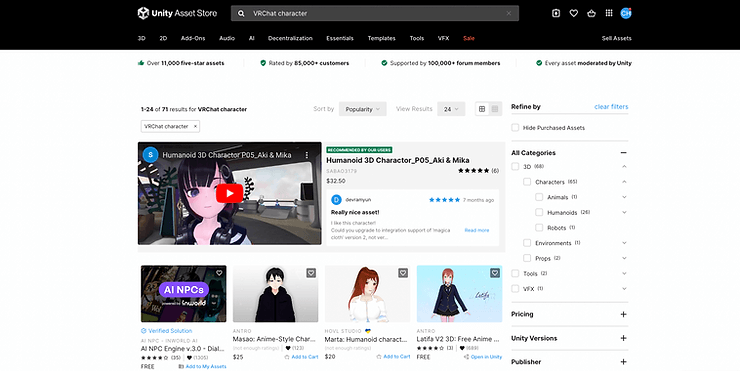 Anime-style 3D VRChat avatars on the Unity Asset Store