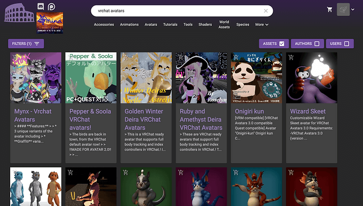 screenshot of the VRCArena official website with furry VRChat avatars