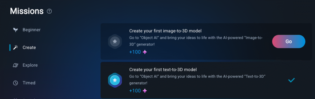 Additional missions include creating your first image to 3D model and your first text prompt to 3D model.