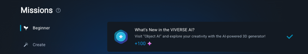 There's a "What's New in VIVERSE AI?" mission to earn your first 100 points.