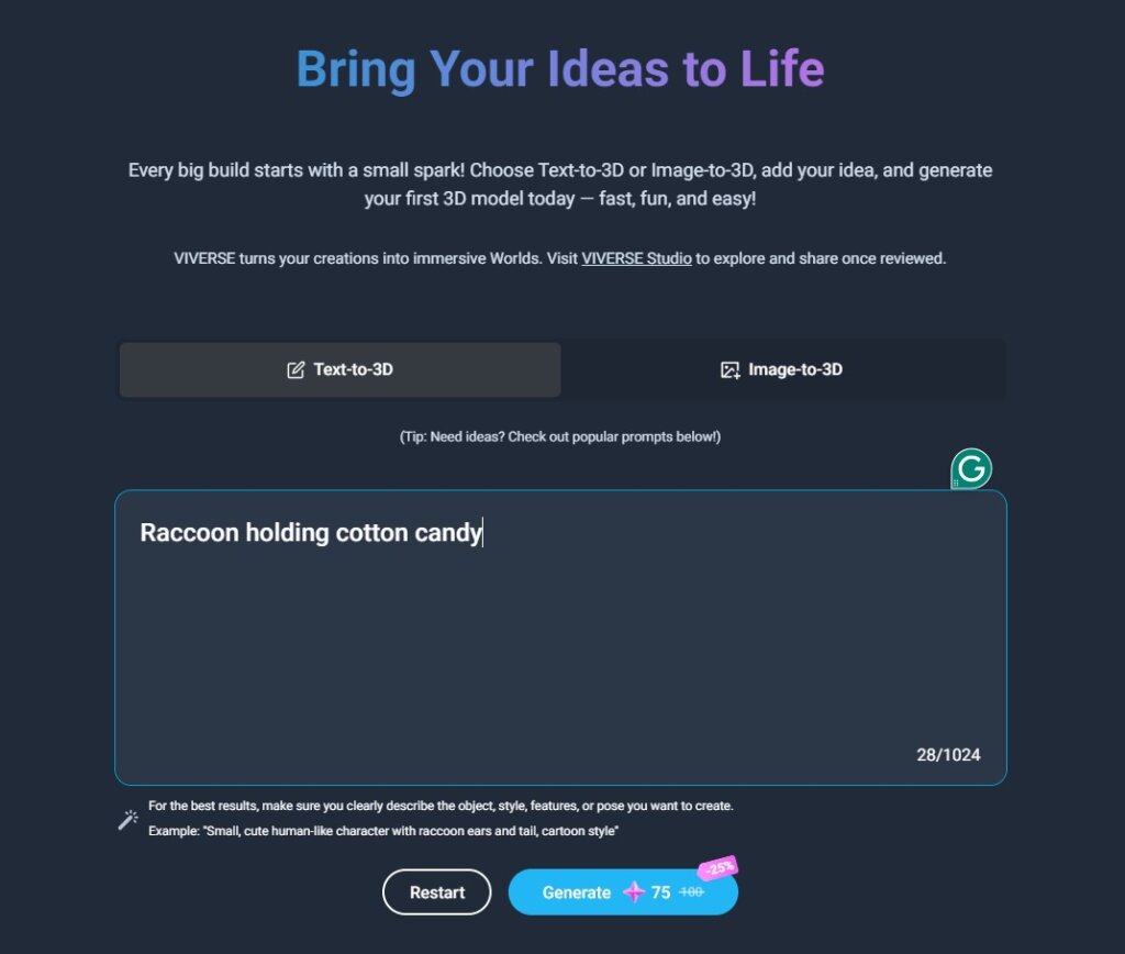 Using the text to 3D prompt, we're using VIVERSE's Object AI to generate a 3D model of a raccoon holding cotton candy.