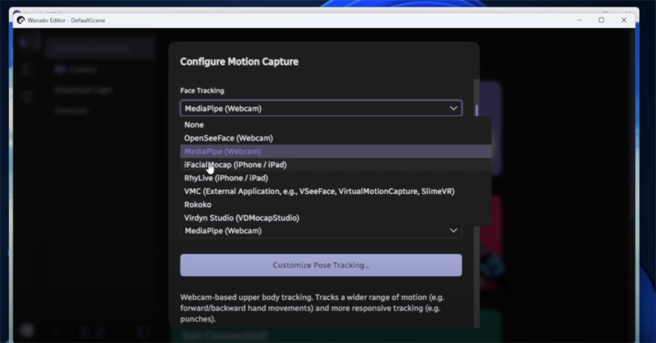 Configure the face tracking motion capture by selecting the app/tool you'll use through Warudo.