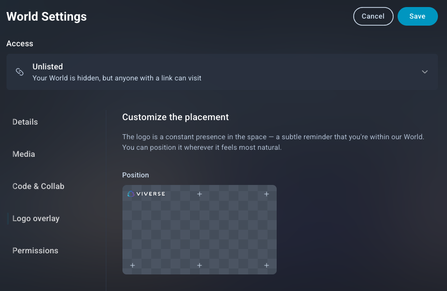 Set the logo position of VIVERSE's overlay on your world with the latest update.