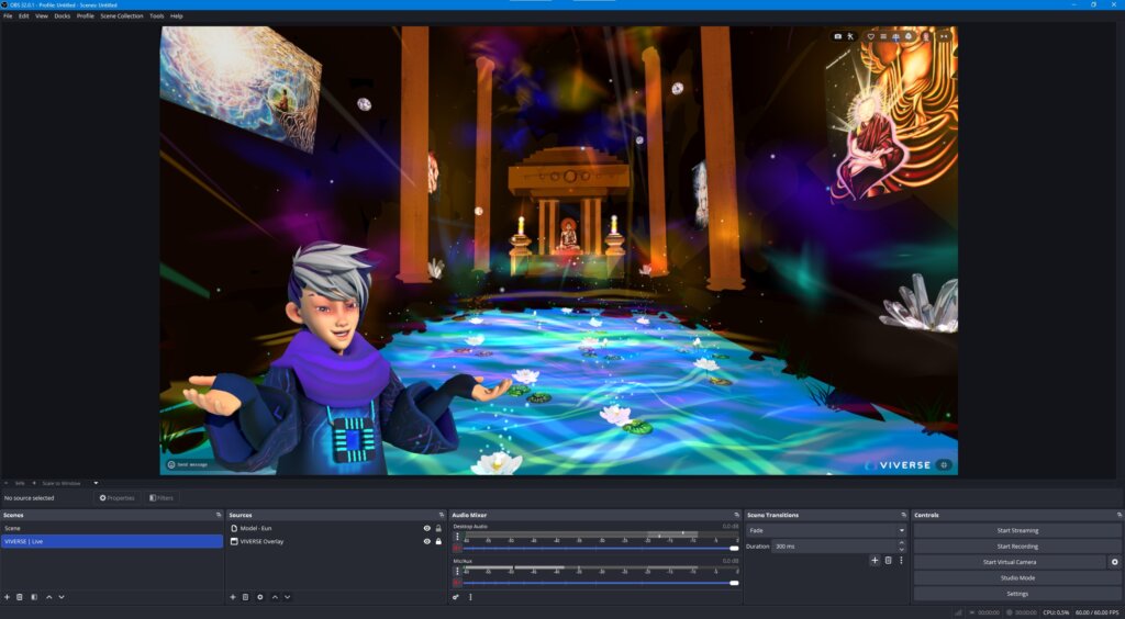 Our VIVERSE character, Eun, is nicely positioned in the lower left and adjusted so that when he mirrors our actions it's angled toward where the chat window would be positioned.
