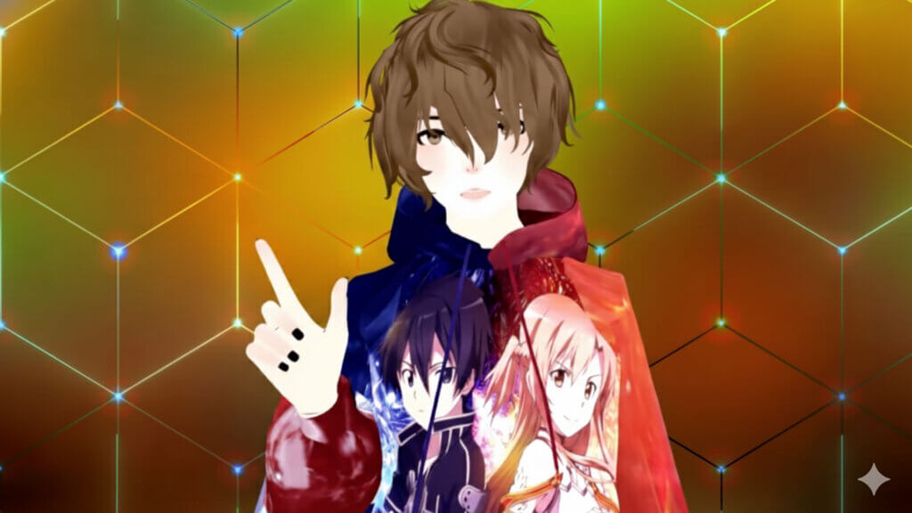 VTuberSenpai mid-pose against a gold and green background.