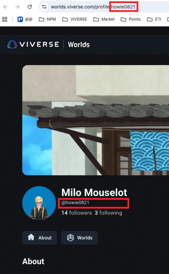 A username is now visible in the address bar for profile pages on VIVERSE.