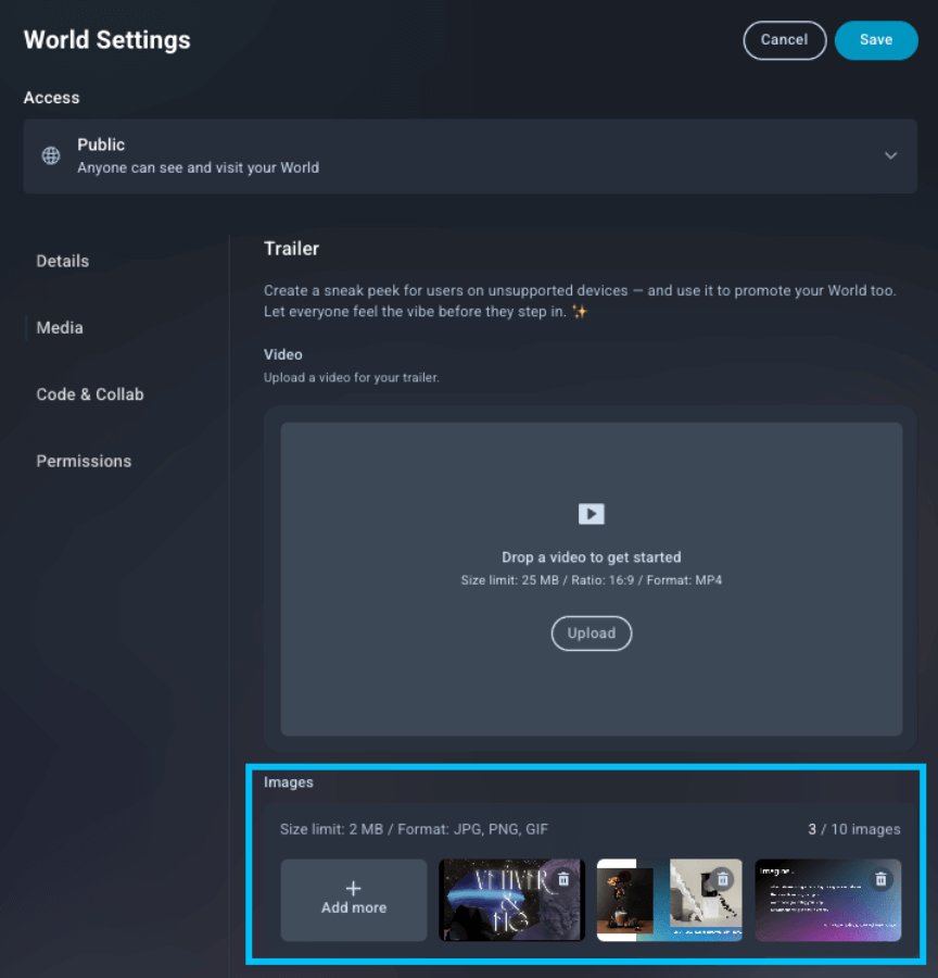 Upload images to your World's settings to share additional content to serve as a fallback visual if your device is VRAM limited.
